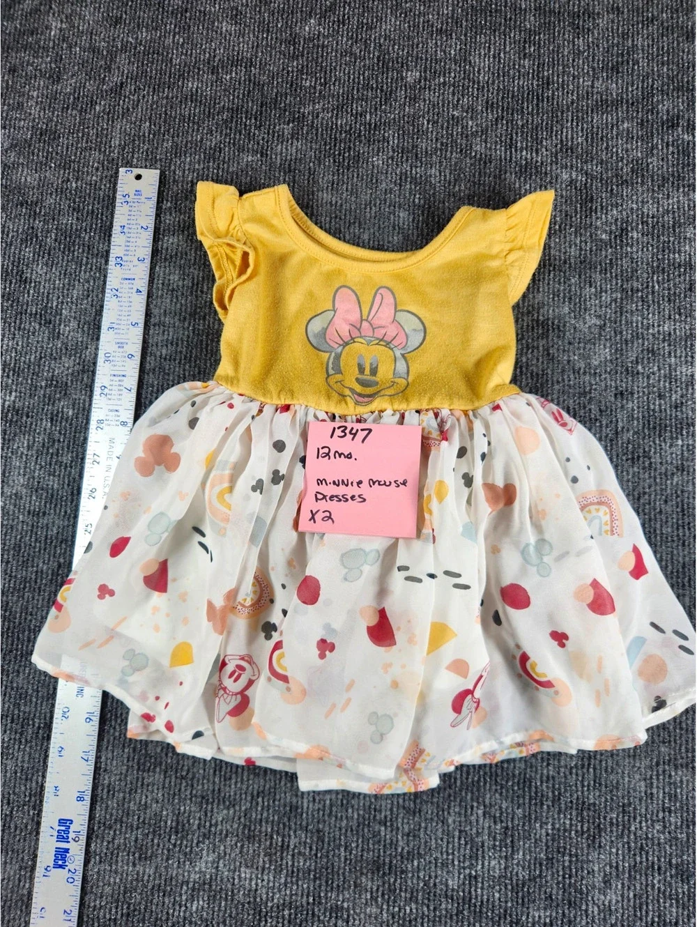 Two Disney Minnie Mouse Girls Fit & Flare Dress 9-12M Yellow/White Ruffle